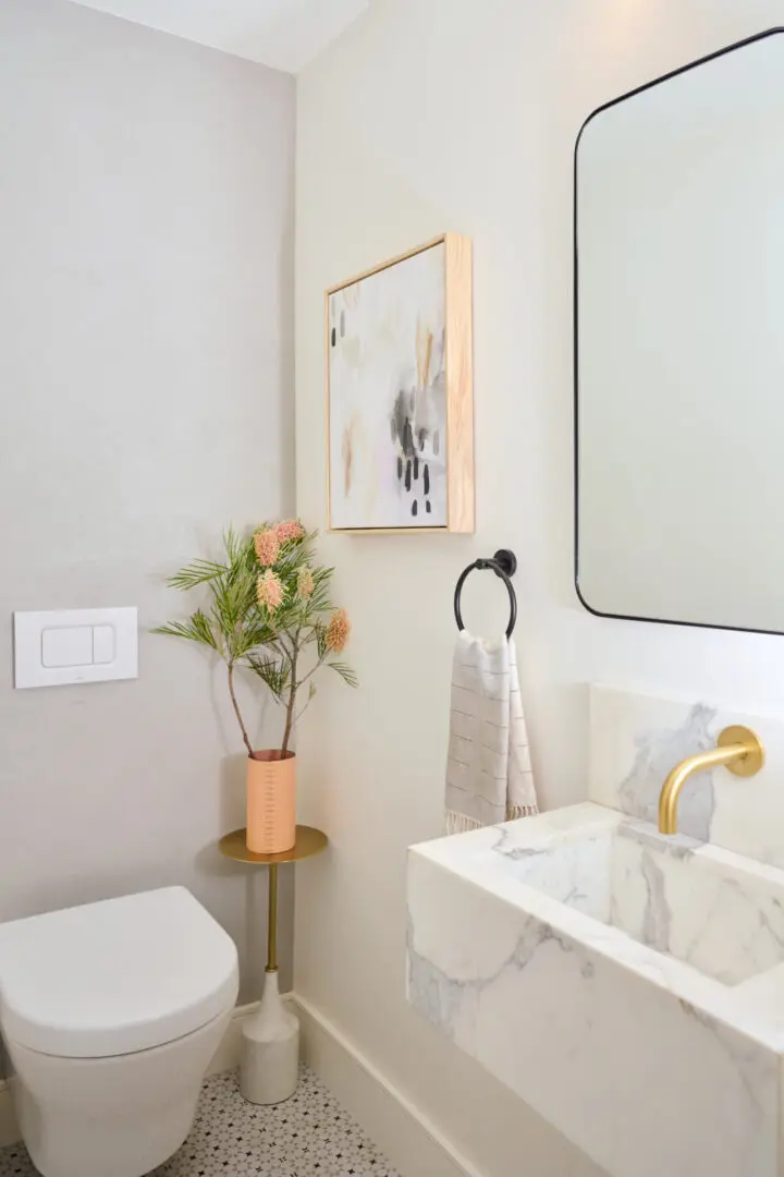 A bathroom with a sink, mirror and a plant.